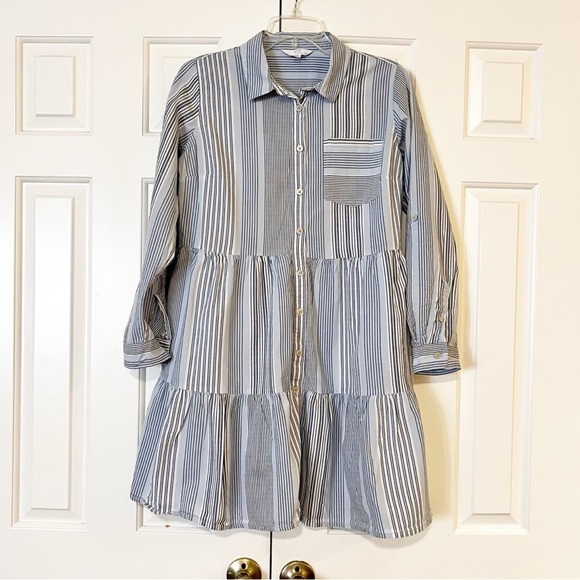 Time and Tru Mini Striped Blue White Long Sleeve Button-Down Shirt Dress. Med - Picture 2 of 14